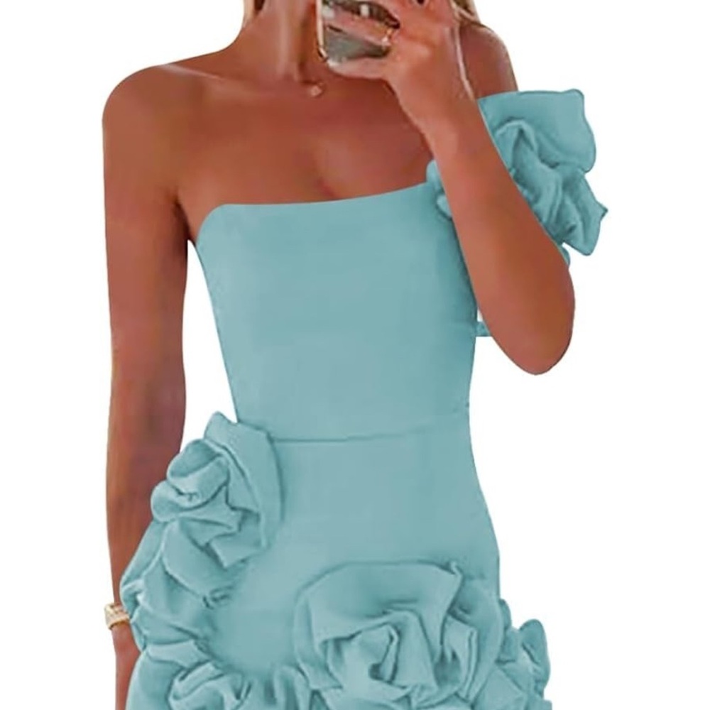 Homecoming dress- One-Shoulder Light Blue Junior fit